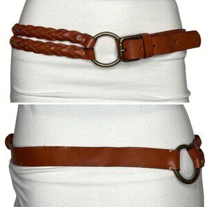 Punto Fibbia Brown Braided Leather Boho Belt Brass Ring Buckle M Italy 2000s Y2K